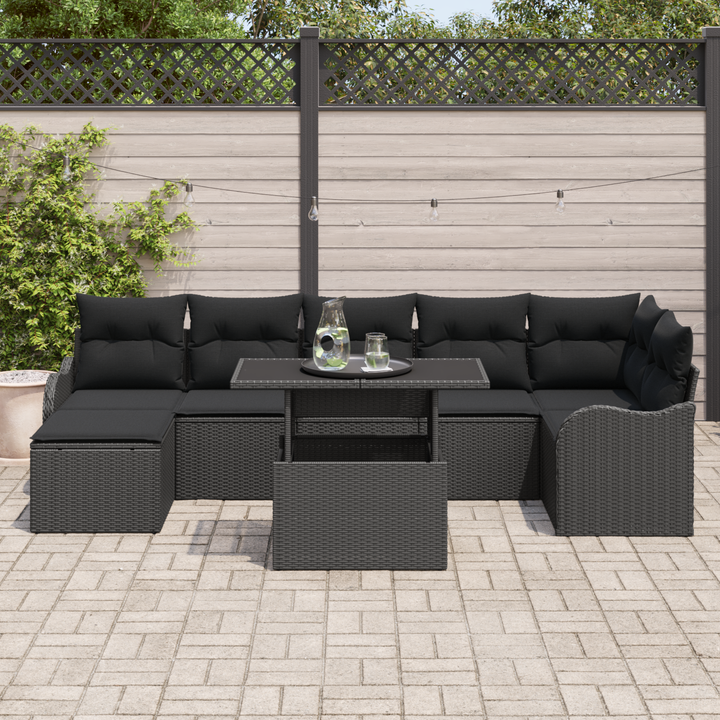 Havesofa Sæt med pude med opbevaring 8 pcs Sort Poly rattan
