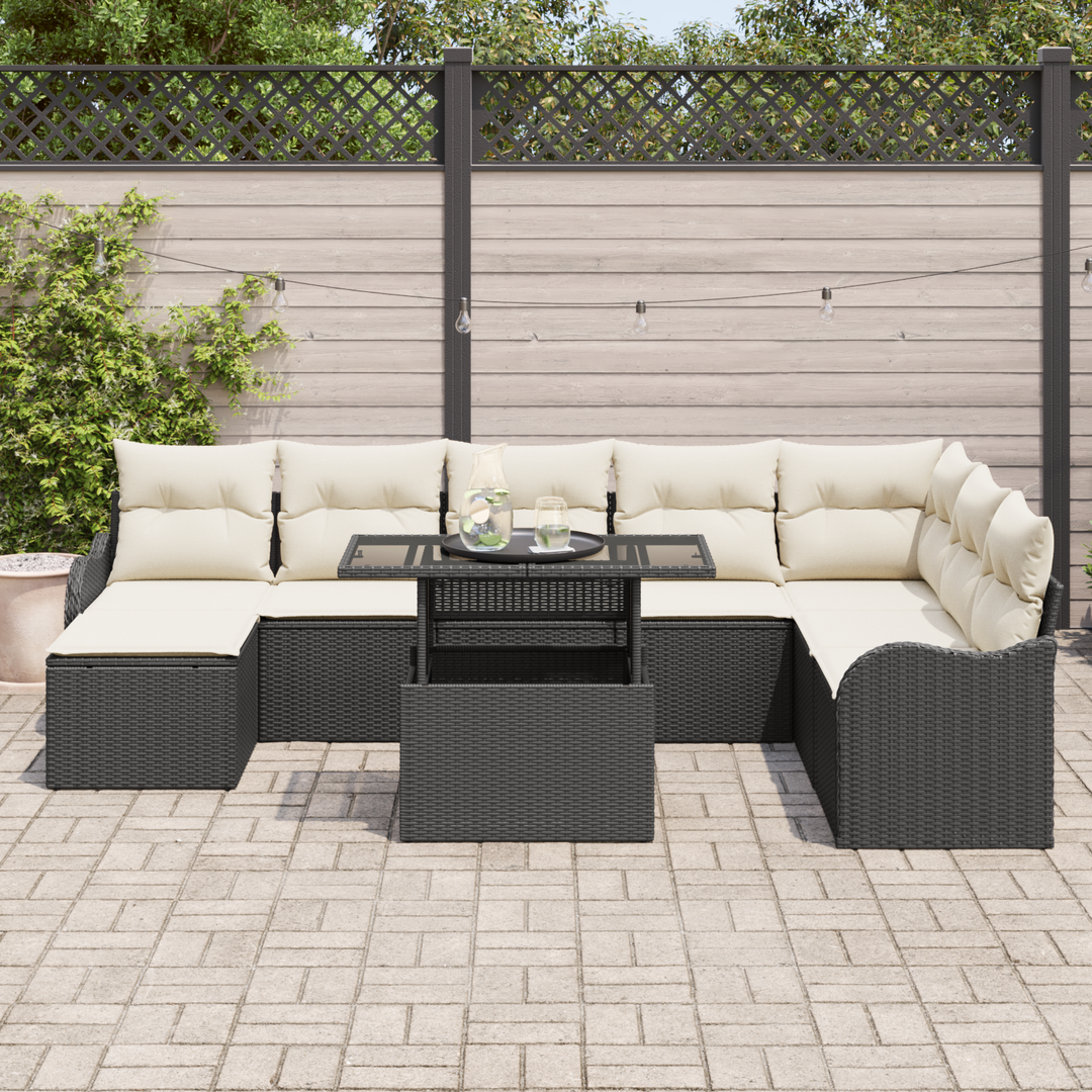 Havesofa Sæt med pude med opbevaring 9 pcs Sort Poly rattan