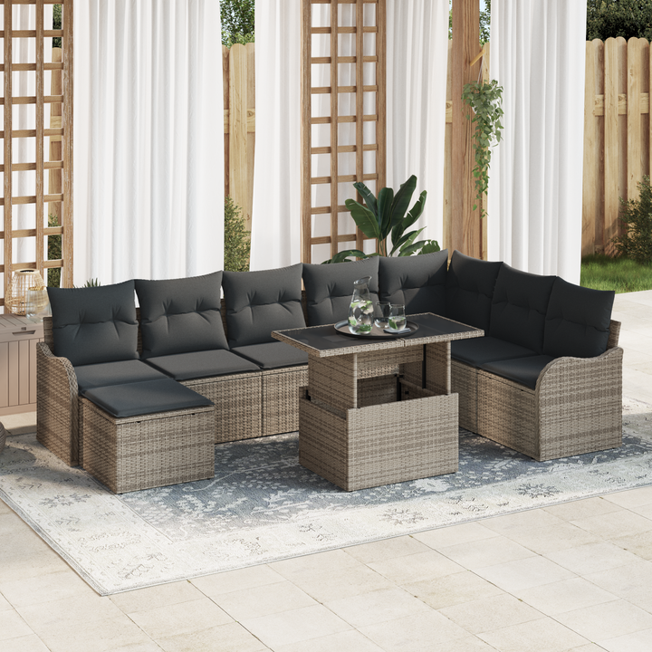 Havesofa Sæt med pude med opbevaring 9 pcs Grå Poly rattan