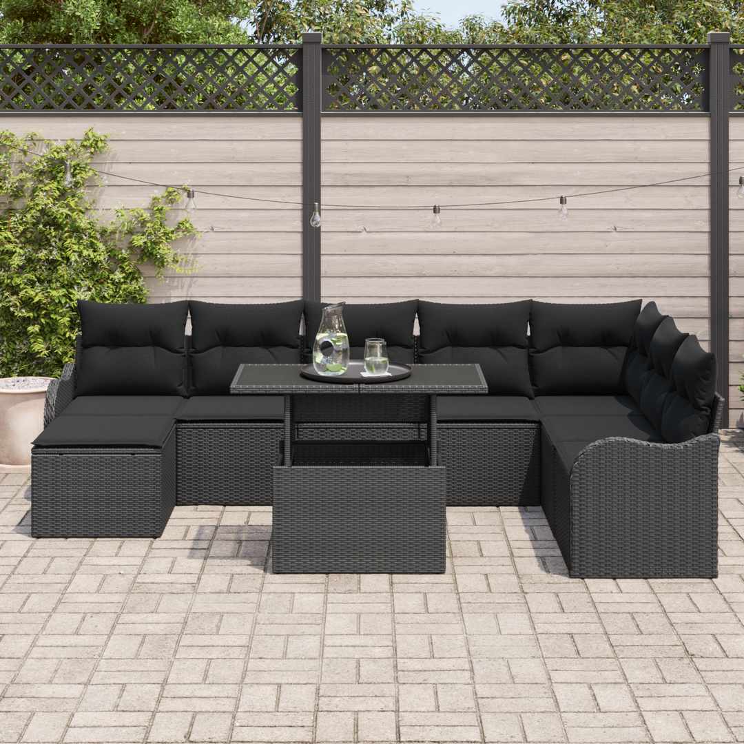 Havesofa Sæt med pude med opbevaring 9 pcs Sort Poly rattan