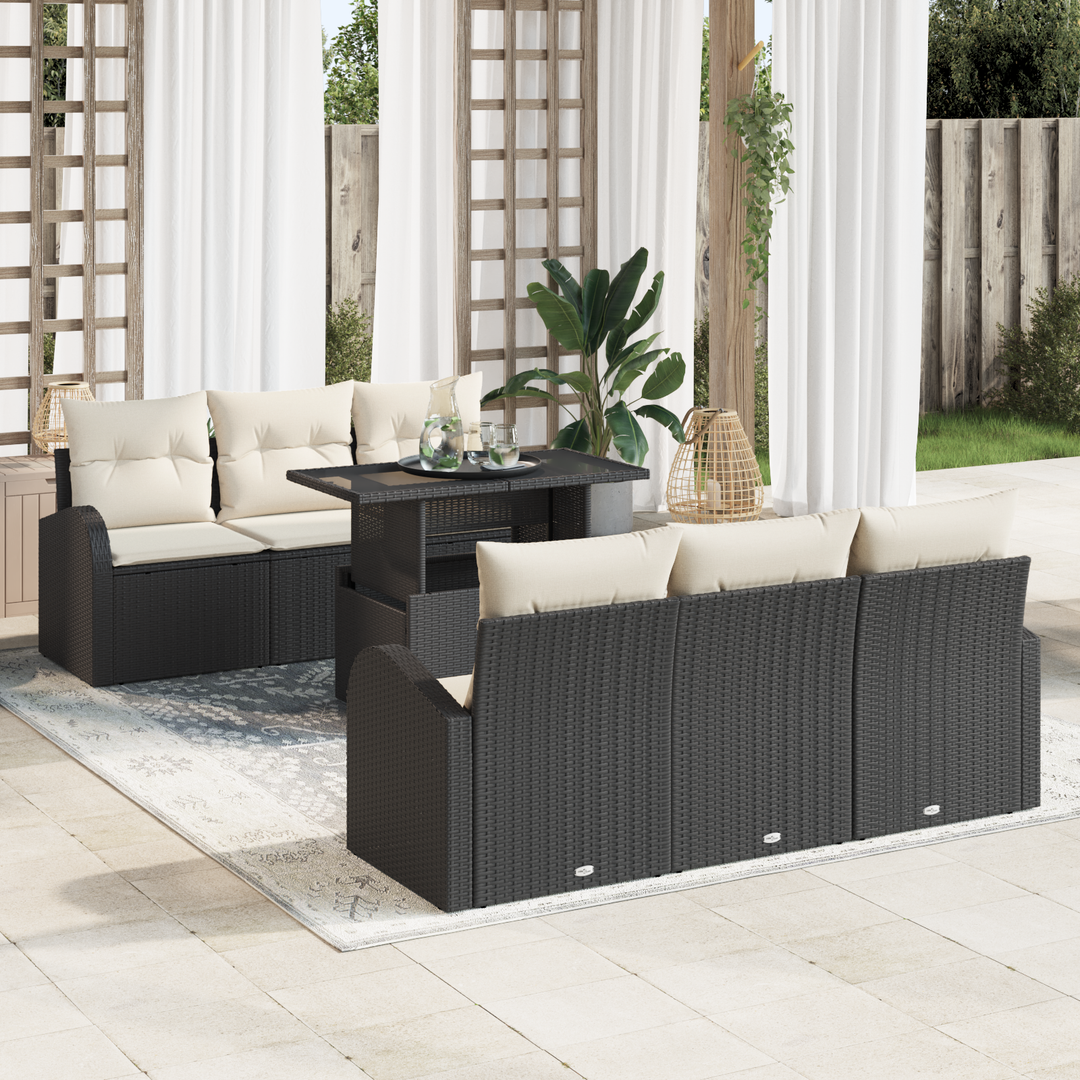 Havesofa Sæt med pude med opbevaring 7 pcs Sort Poly Rattan