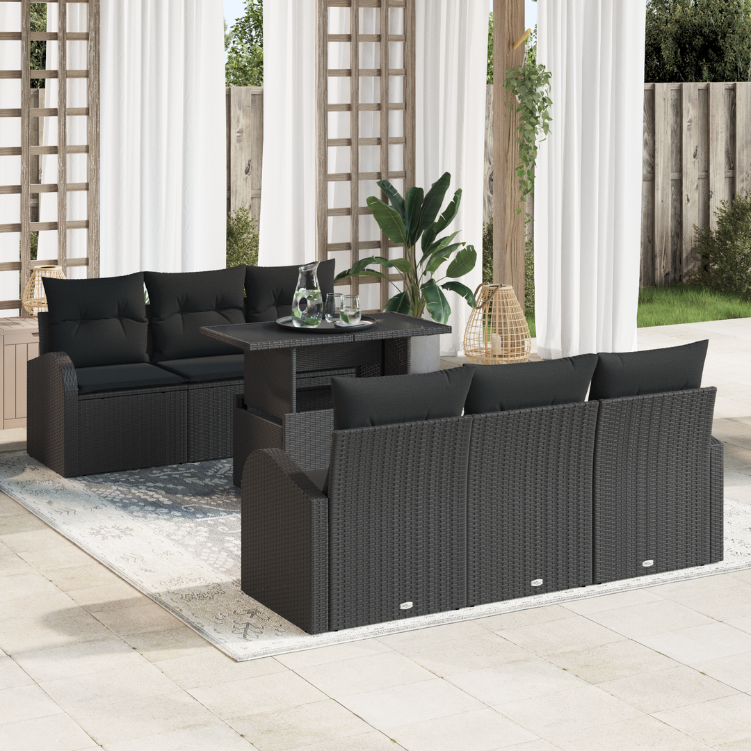 Havesofa Sæt med pude med opbevaring 7 pcs Sort Poly Rattan