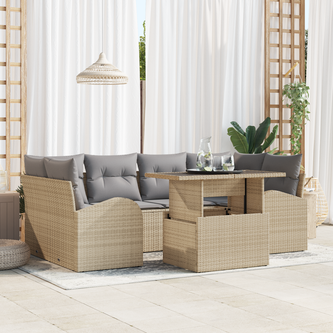 Havesofa Sæt med pude med opbevaring 7 pcs Beige Poly Rattan