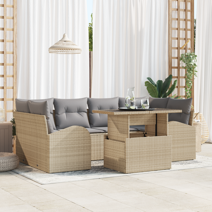 Havesofa Sæt med pude med opbevaring 7 pcs Beige Poly Rattan