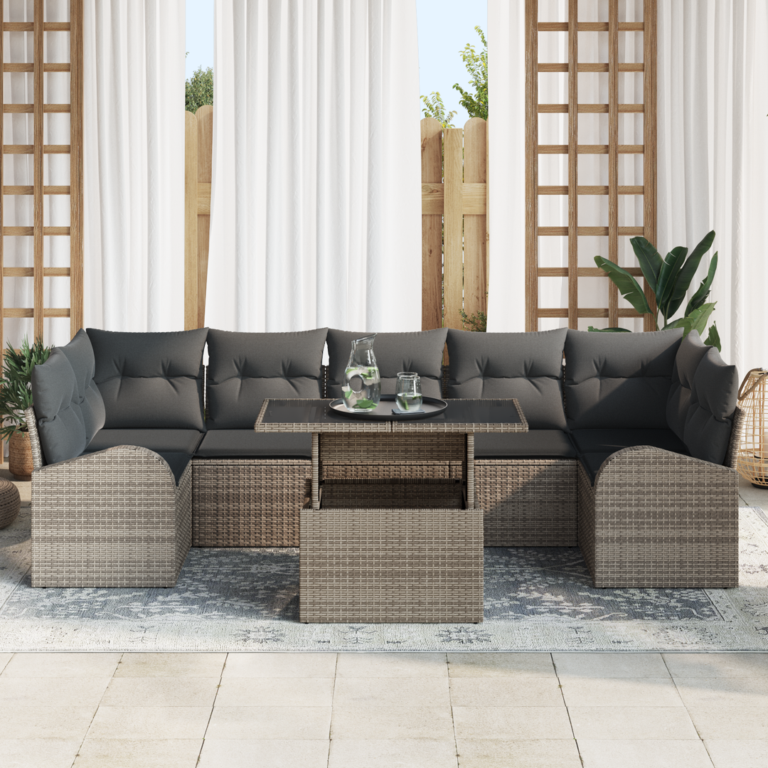 Havesofa Sæt med pude med opbevaring 8 pcs Grå Poly Rattan