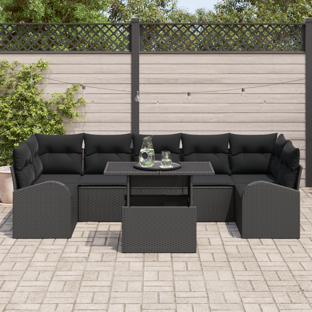 Havesofa Sæt med pude med opbevaring 8 pcs Sort Poly Rattan