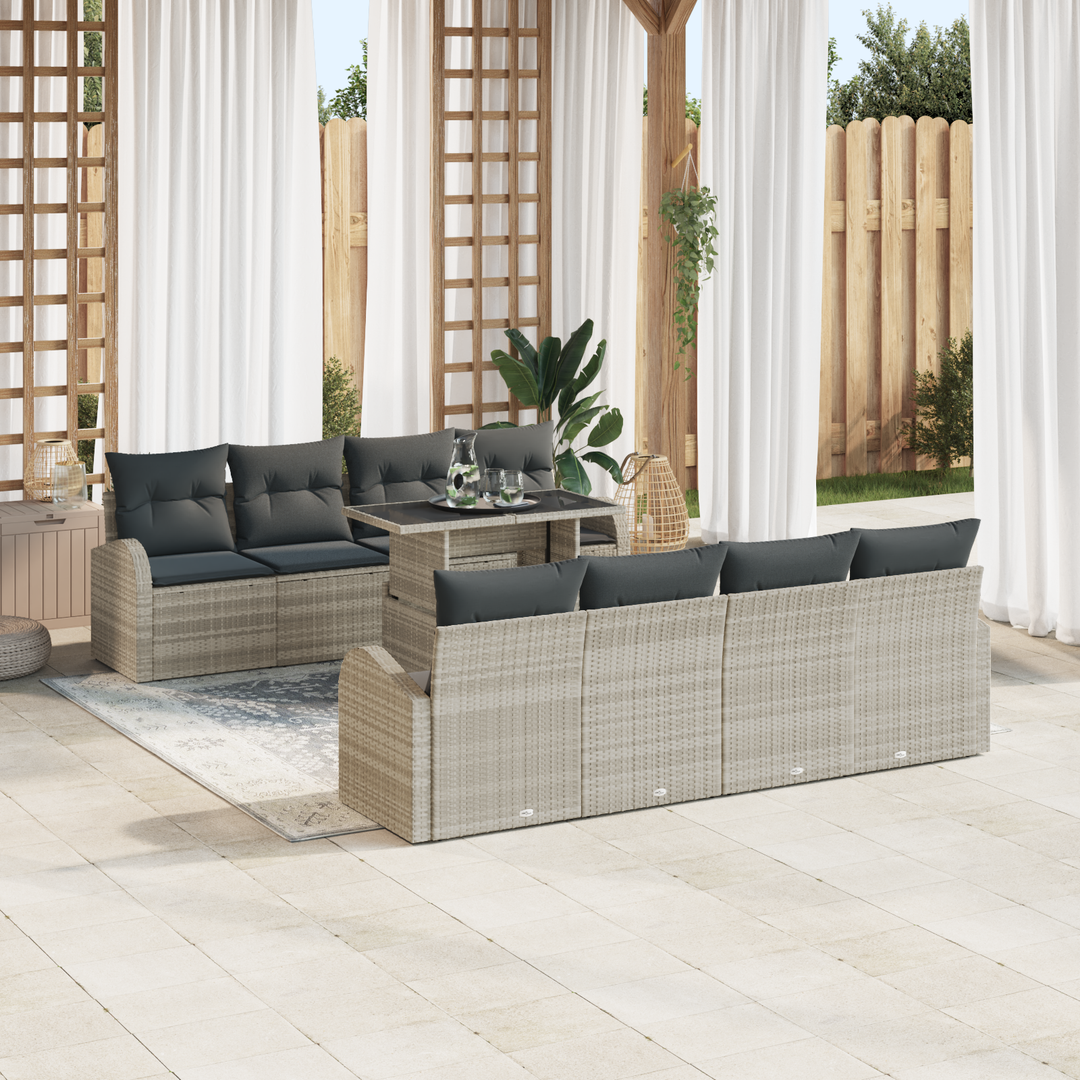 Havesofa Sæt med pude med opbevaring 9 pcs Lysegrå Poly Rattan