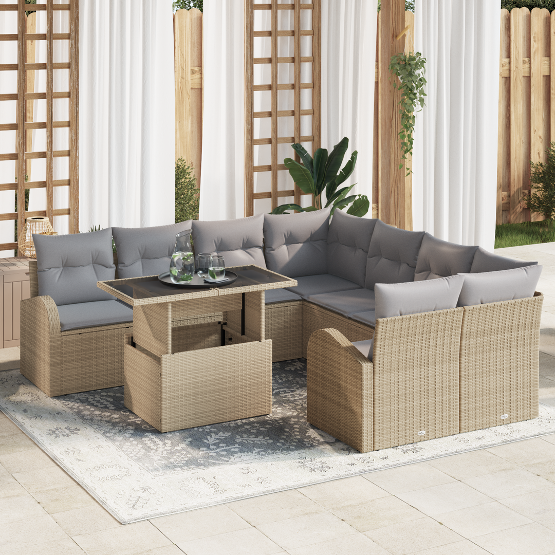Havesofa Sæt med pude med opbevaring 9 pcs Beige Poly Rattan