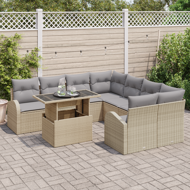 Havesofa Sæt med pude med opbevaring 9 pcs Beige Poly Rattan