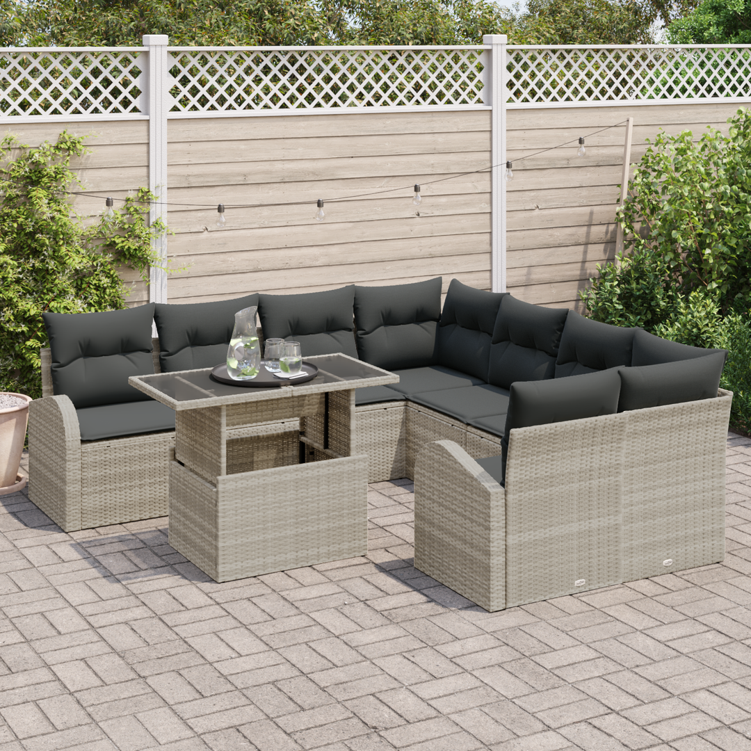 Havesofa Sæt med pude med opbevaring 9 pcs Lysegrå Poly Rattan