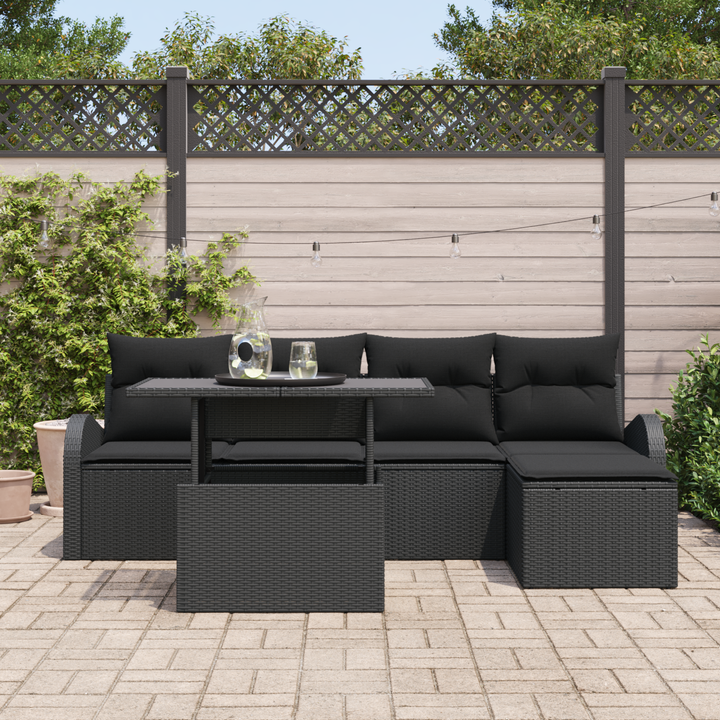 Havesofa Sæt med pude med opbevaring 6 pcs Sort Poly rattan