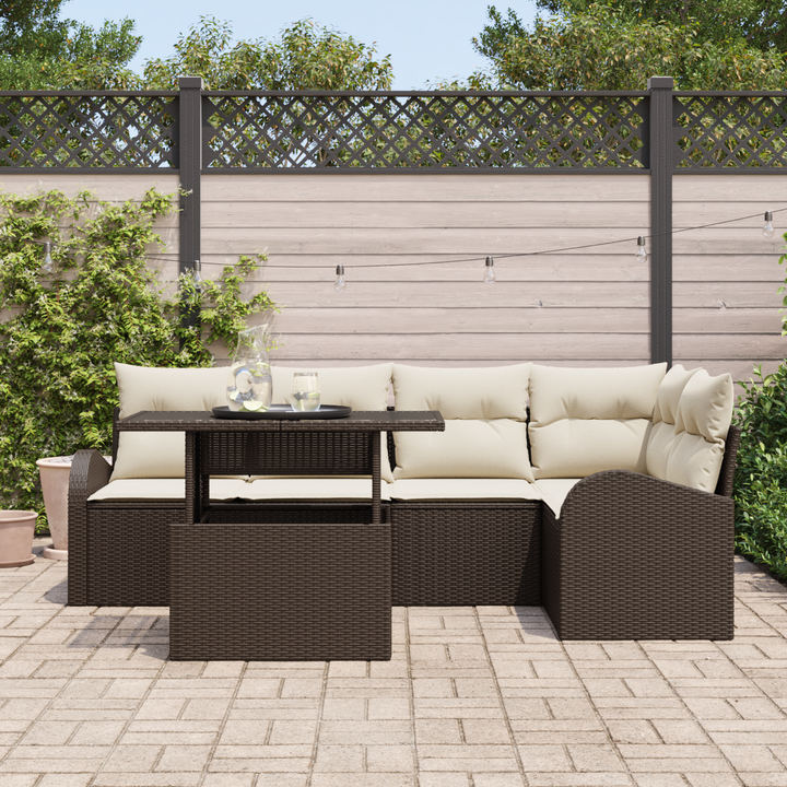 Havesofa Sæt med pude med opbevaring 6 pcs Brun Poly rattan