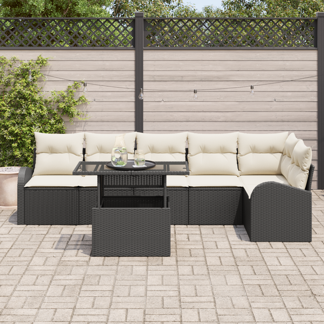 Havesofa Sæt med pude med opbevaring 7 pcs Sort Poly rattan