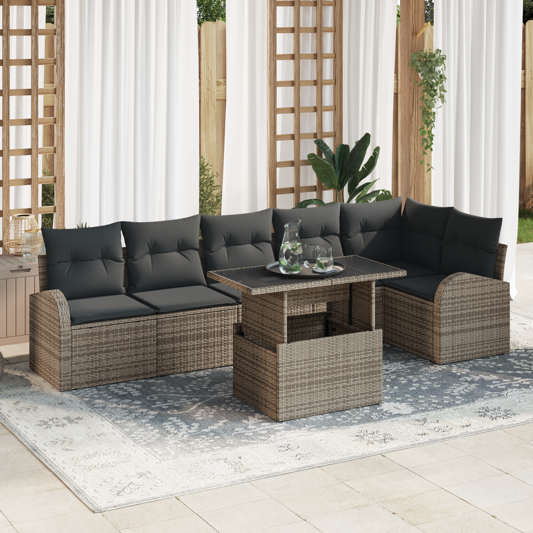 Havesofa Sæt med pude med opbevaring 7 pcs Grå Poly rattan