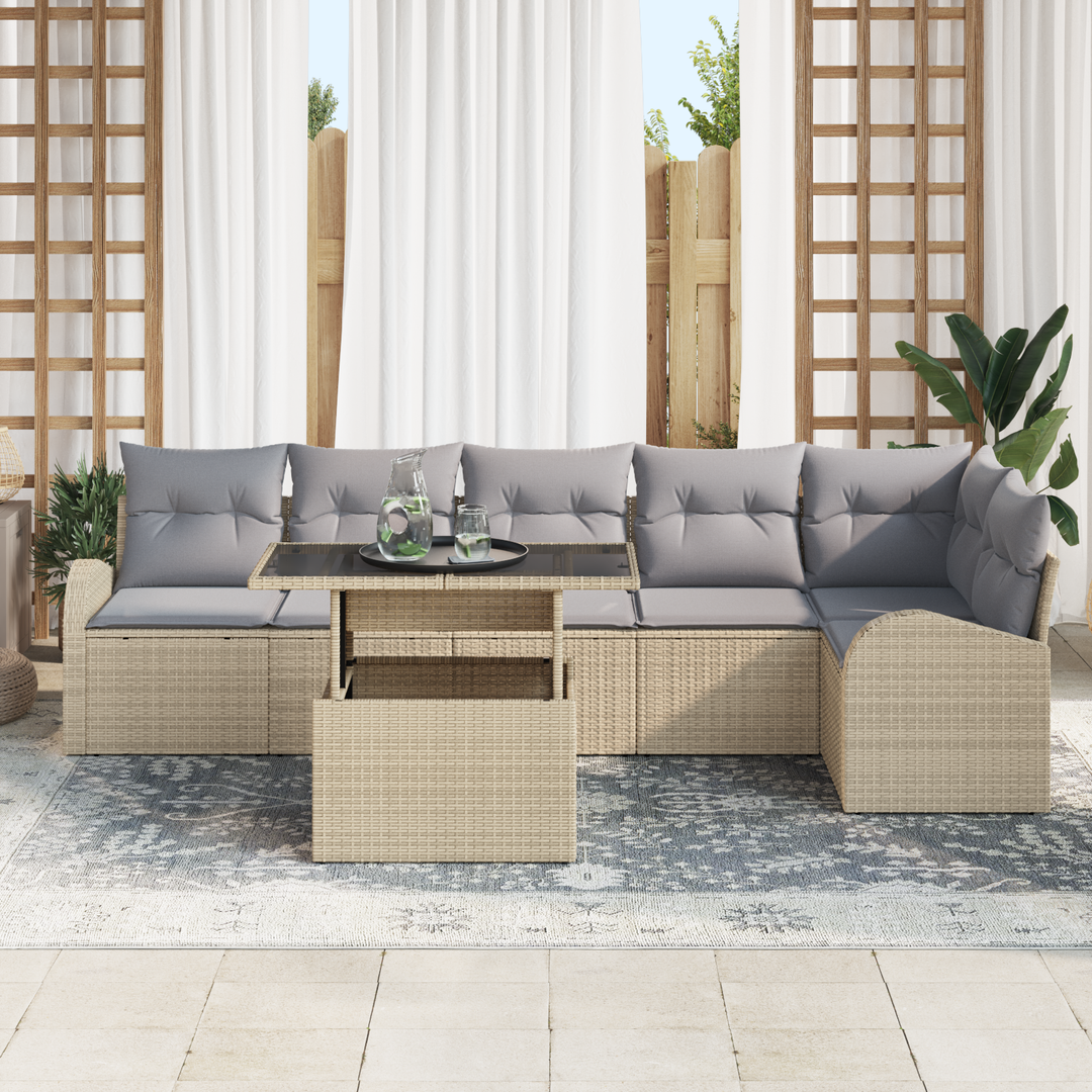 Havesofa Sæt med pude med opbevaring 7 pcs Beige Poly rattan