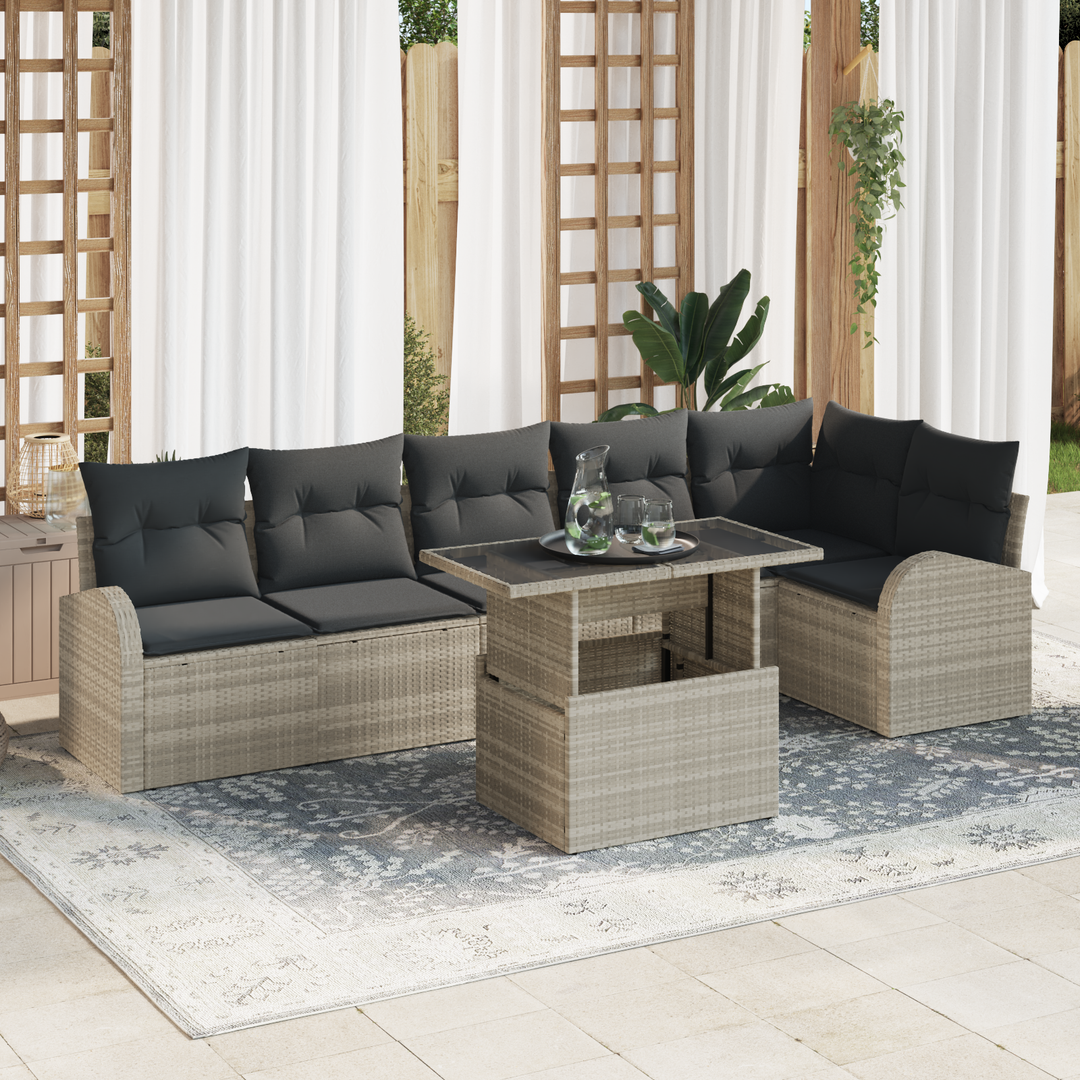 Havesofa Sæt med pude med opbevaring 7 pcs Lysegrå Poly rattan