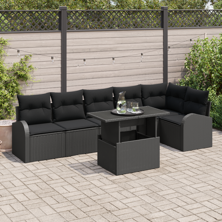 Havesofa Sæt med pude med opbevaring 7 pcs Sort Poly rattan