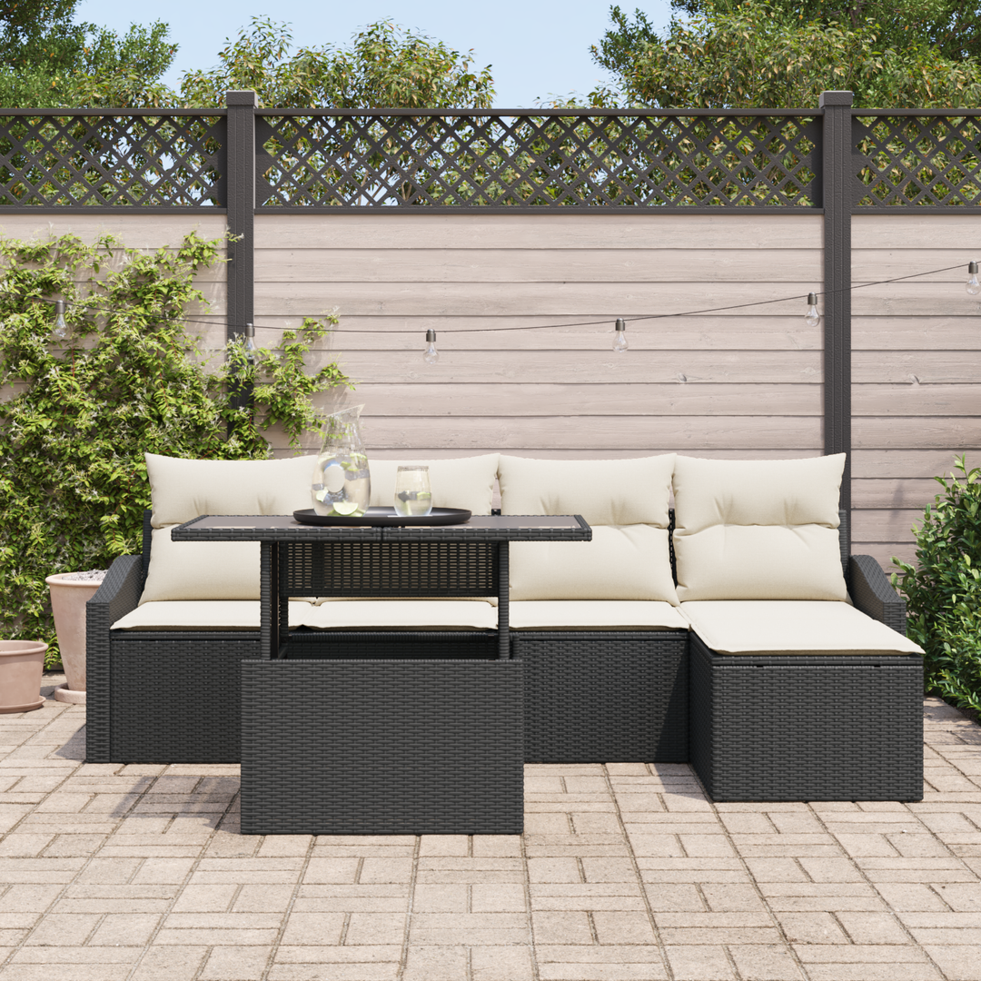 Havesofa Sæt med pude 6 pcs Sort og Cream polyrattan