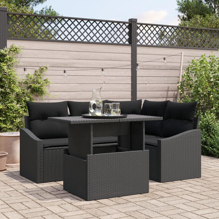 Havesofa Sæt 5 pcs Sort polyrattan & Pulverlakeret stål
