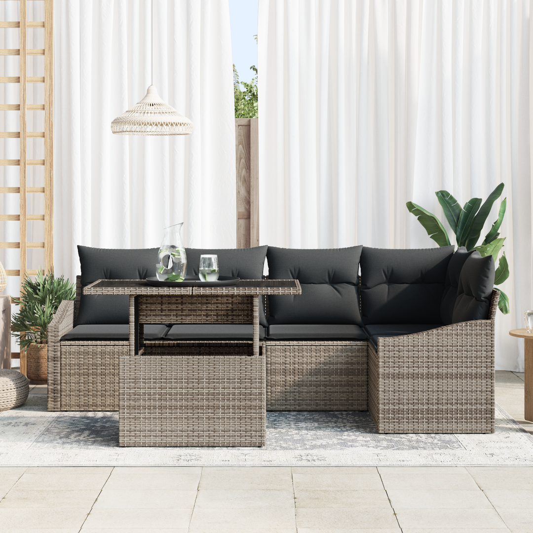 Havesofa Sæt med pude 6 pcs Grå polyrattan & Pulverlakeret stål