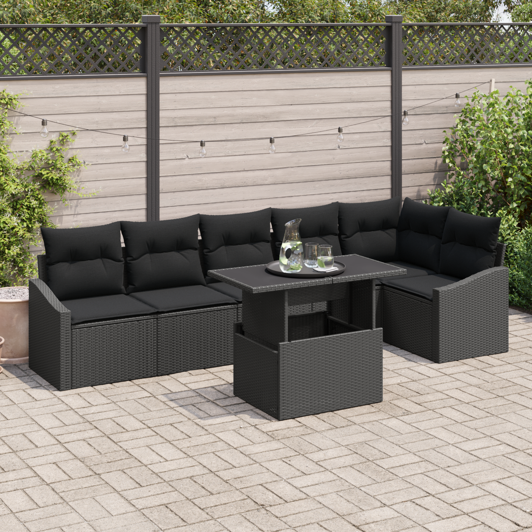 Havesofa Sæt 7 pcs Sort polyrattan & Pulverlakeret stål
