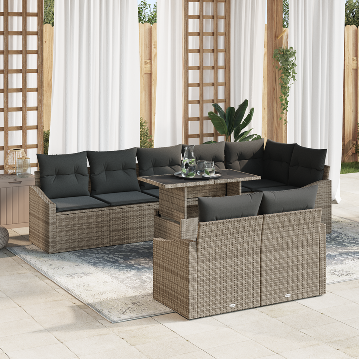 Havesofa Sæt med pude 9 pcs Grå polyrattan & Pulverlakeret stål