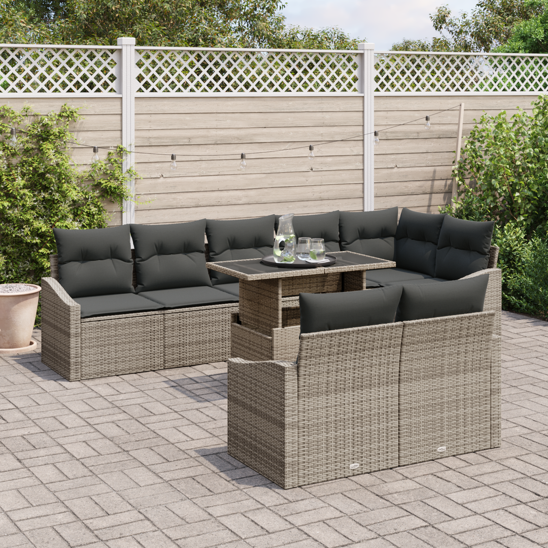 Havesofa Sæt med pude 9 pcs Grå polyrattan & Pulverlakeret stål