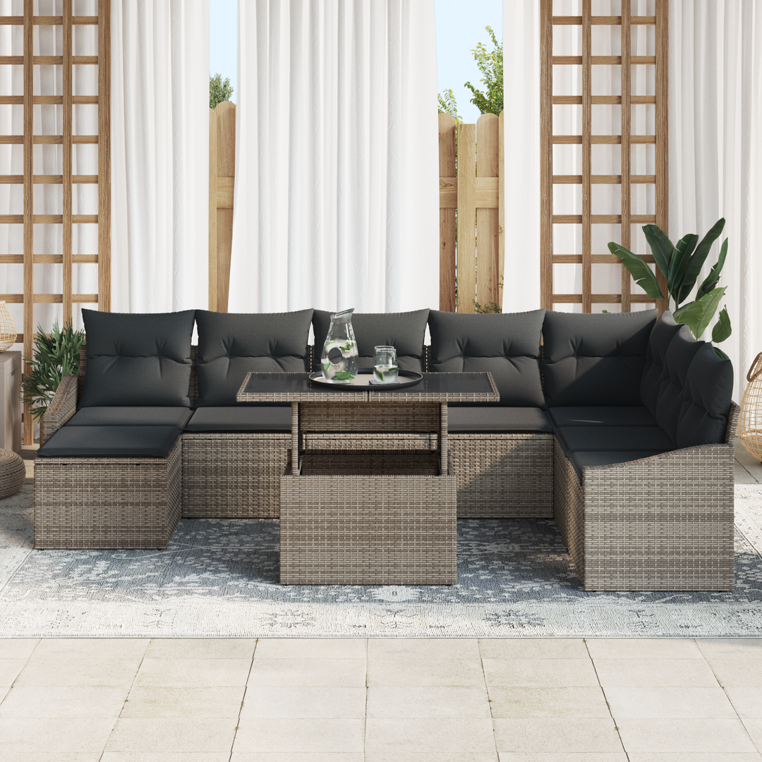 Havesofa Sæt 9 pcs Grå Poly Rattan og pulverlakeret stål