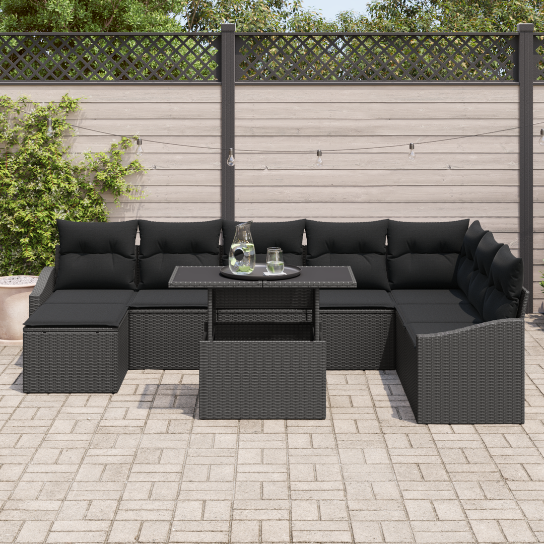 Havesofa Sæt 9 pcs Sort Poly Rattan og pulverlakeret stål