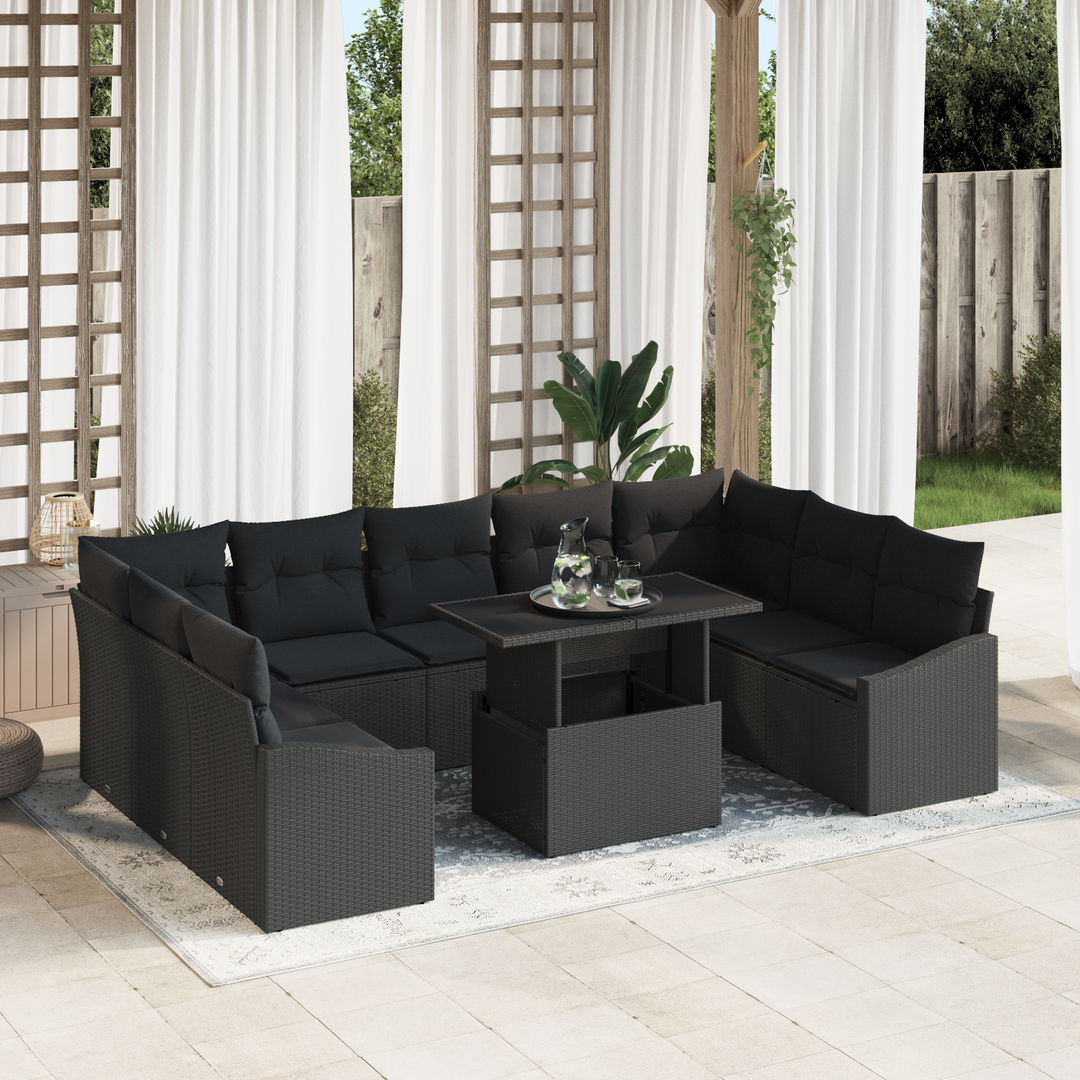Havesofa Sæt 10 pcs Sort polyrattan & Pulverlakeret stål