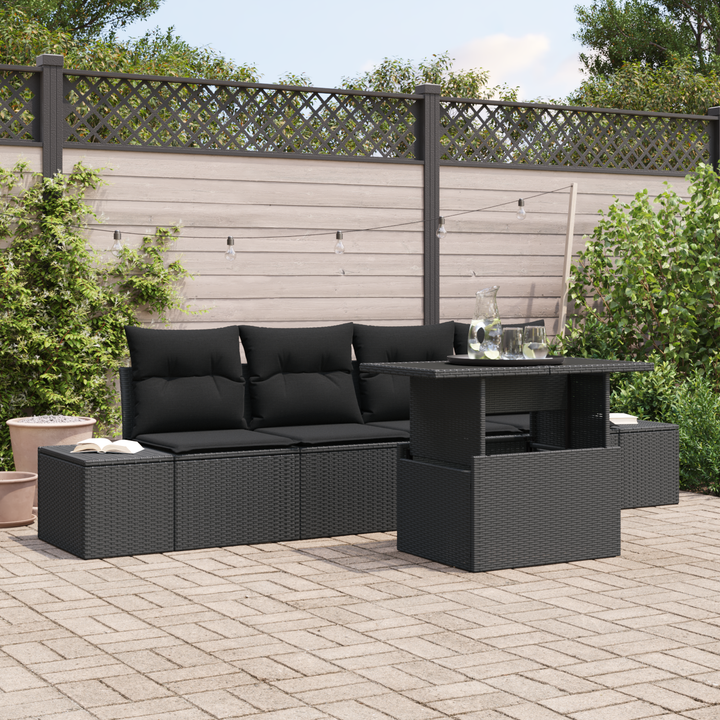 Havesofa Sæt 5 pcs Sort polyrattan & Pulverlakeret stål