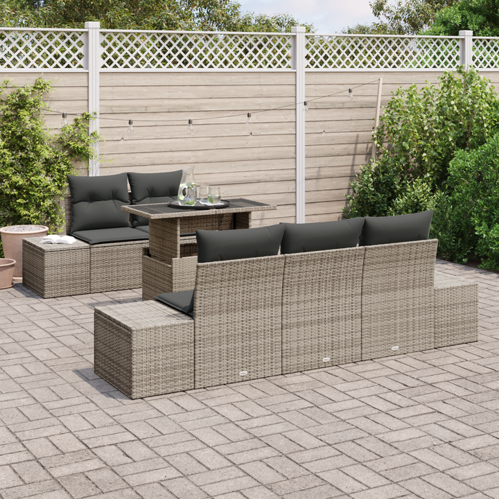 Havesofa Sæt med pude 6 pcs Grå polyrattan & Pulverlakeret stål