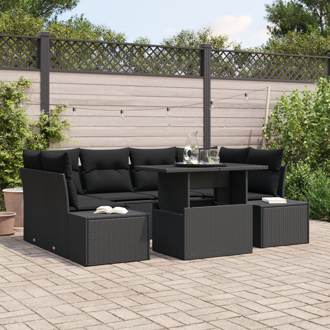 Havesofa Sæt 7 pcs Sort Poly Rattan og pulverlakeret stål