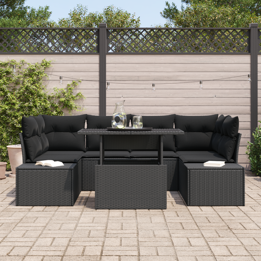 Havesofa Sæt 7 pcs Sort Poly Rattan og pulverlakeret stål