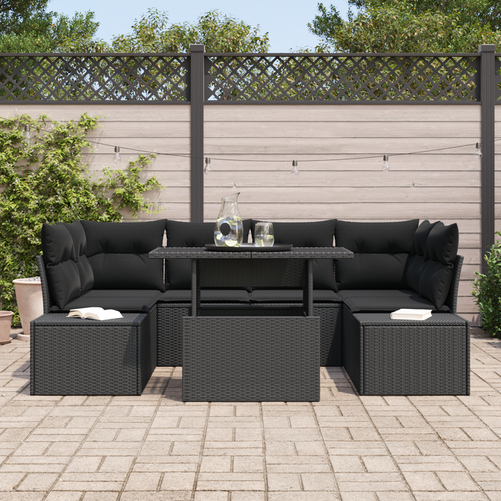 Havesofa Sæt 7 pcs Sort Poly Rattan og pulverlakeret stål