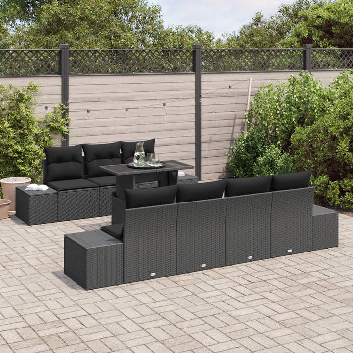 Havesofa Sæt 8 pcs Sort Poly Rattan og pulverlakeret stål