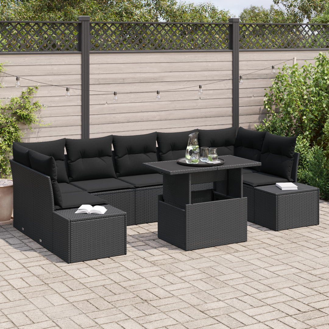 Havesofa Sæt 8 pcs Sort Poly Rattan og pulverlakeret stål