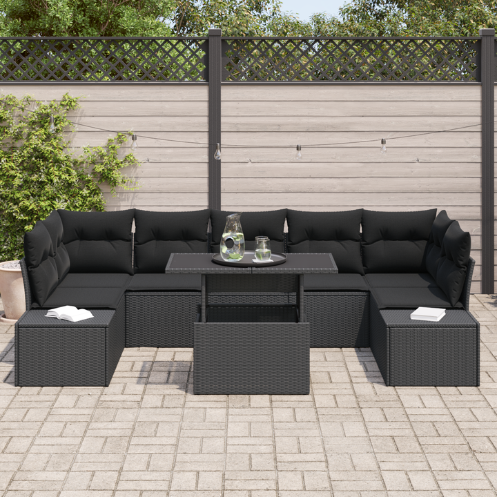 Havesofa Sæt 8 pcs Sort Poly Rattan og pulverlakeret stål