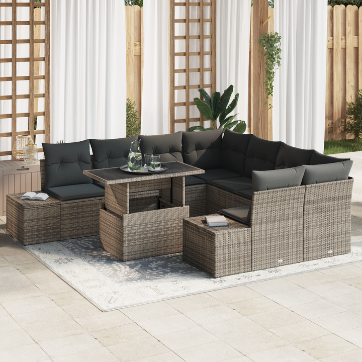 Havesofa Sæt med pude med opbevaring 9 pcs Grå polyrattan
