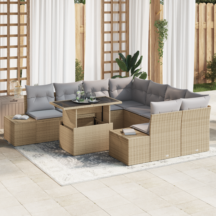 Havesofa Sæt med pude 9 pcs Beige og lys grå polyrattan