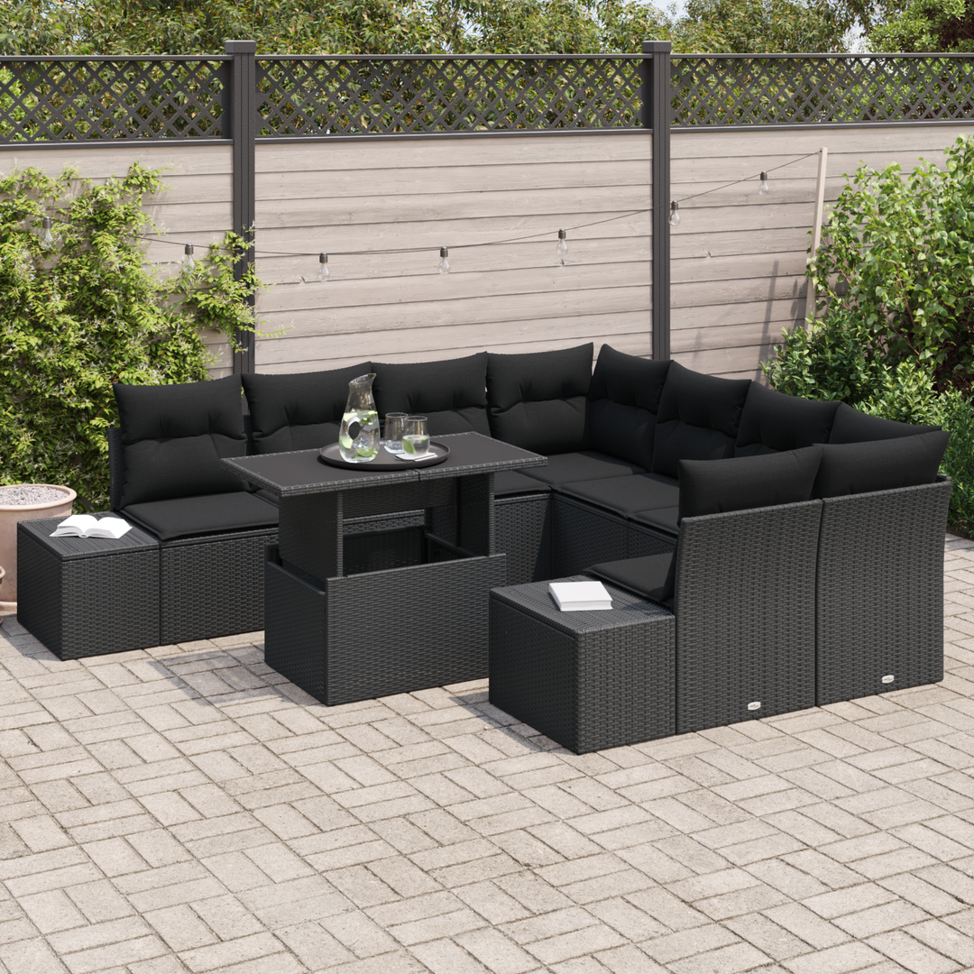Havesofa Sæt med pude med opbevaring 9 pcs Sort polyrattan