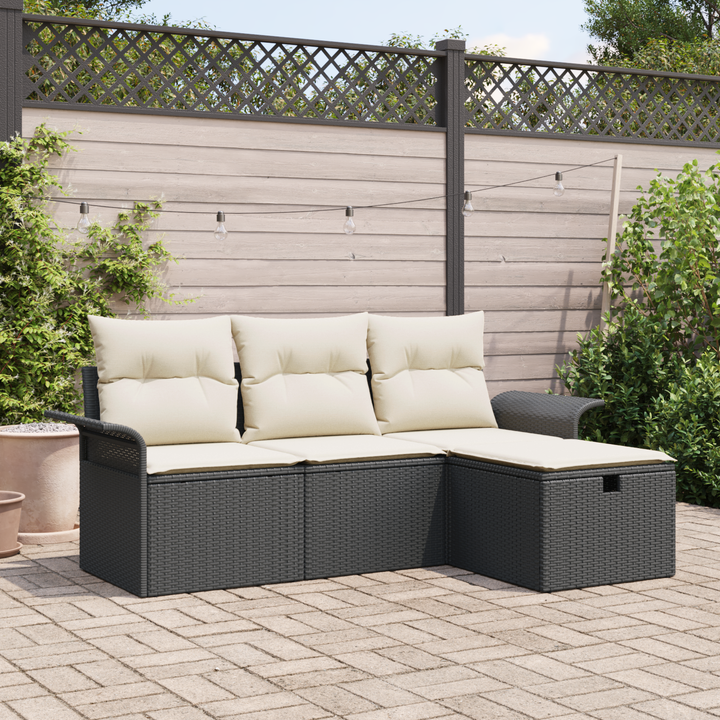 Havesofa Sæt med pude 4 pcs Sort og cremefarvet Poly rattan