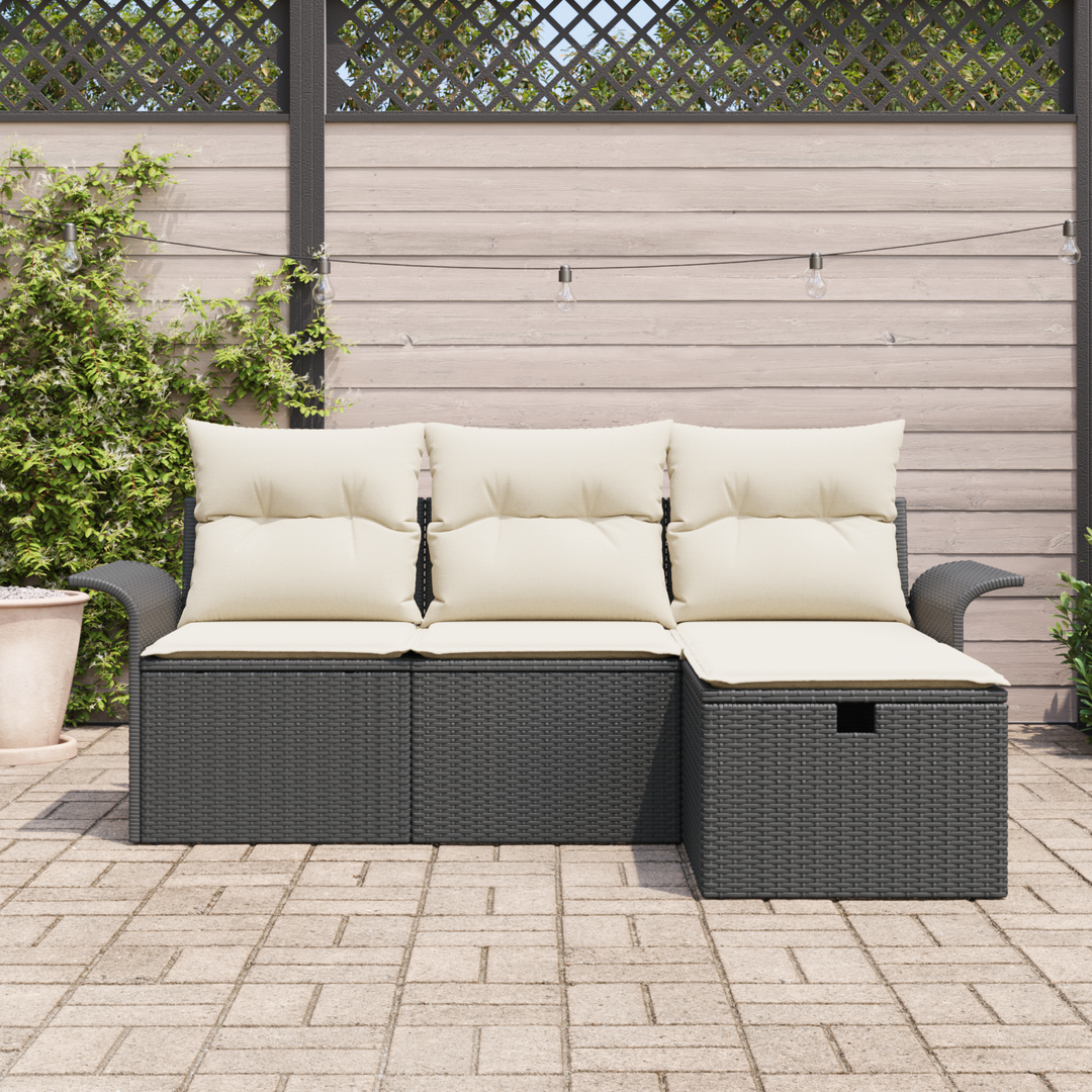 Havesofa Sæt med pude 4 pcs Sort og cremefarvet Poly rattan