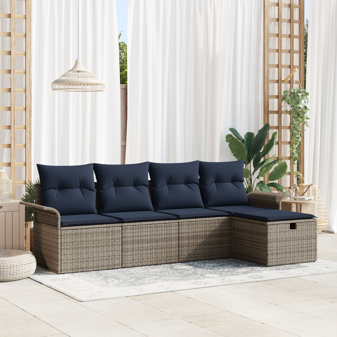 Havesofa Sæt med pude 5 pcs Grå og Marineblå polyrattan