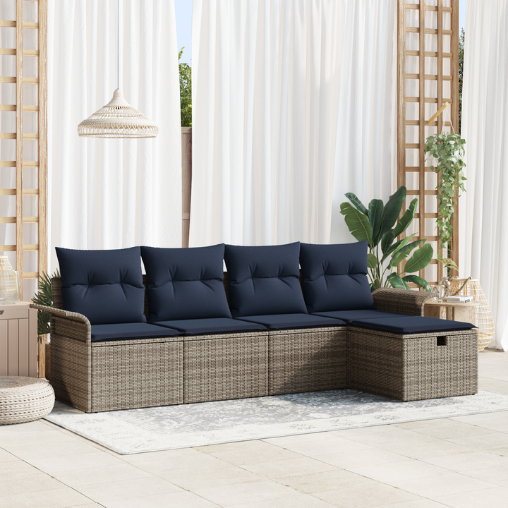 Havesofa Sæt med pude 5 pcs Grå og Marineblå polyrattan