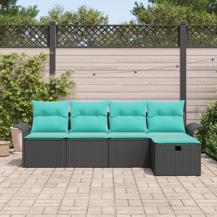 Havesofa Sæt med pude 5 pcs Sort og turkis polyrattan