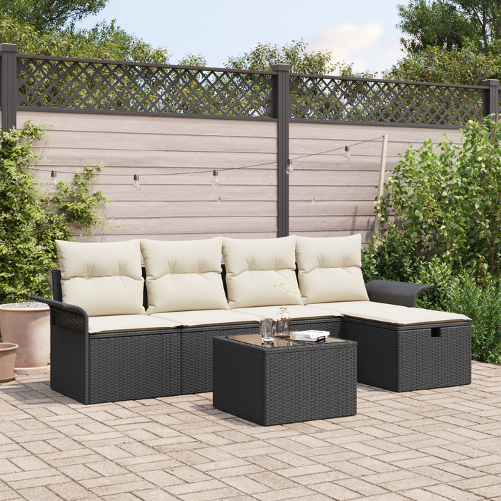 Havesofa Sæt med pude 6 pcs Sort og Cream polyrattan