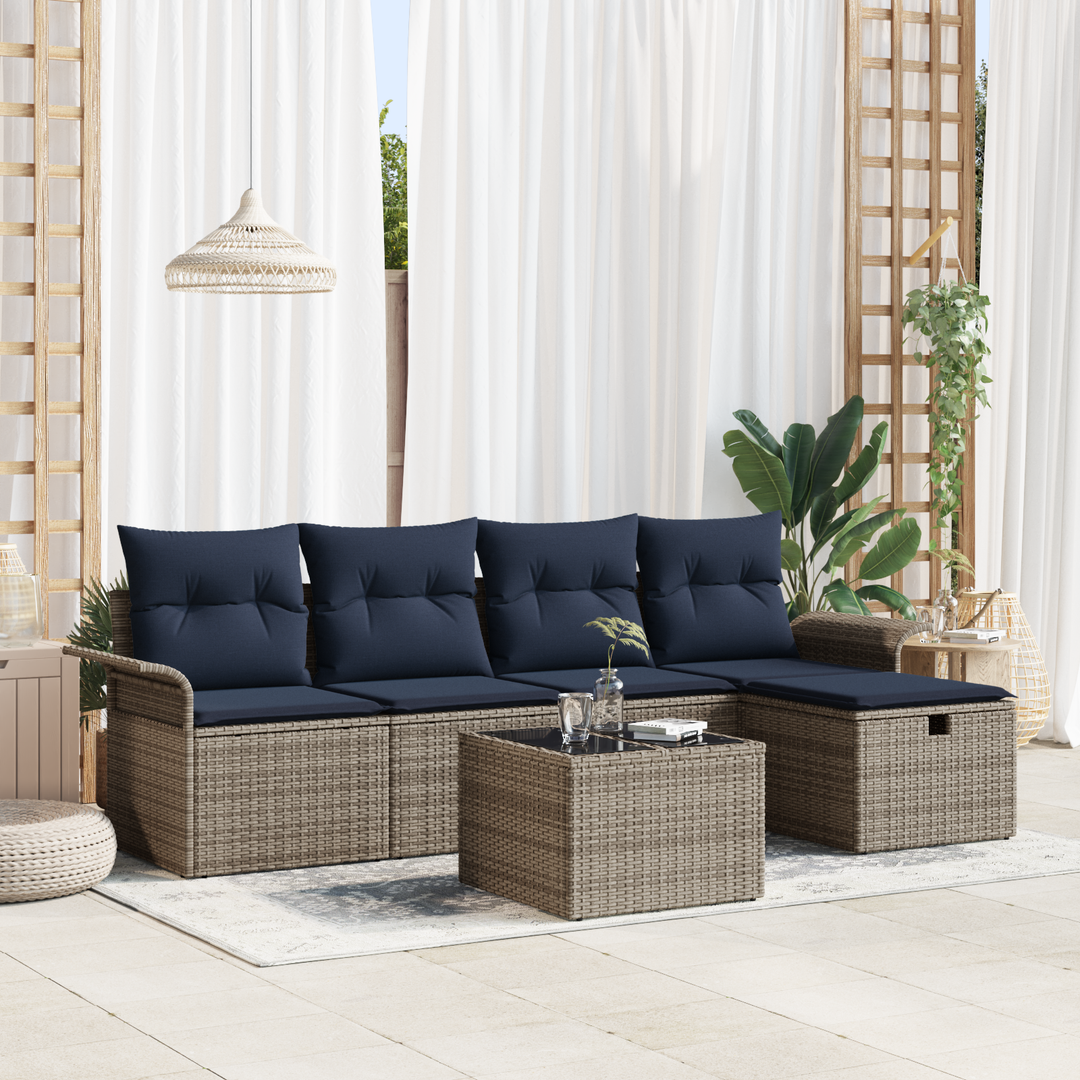Havesofa Sæt med pude 6 pcs Grå og Marineblå polyrattan