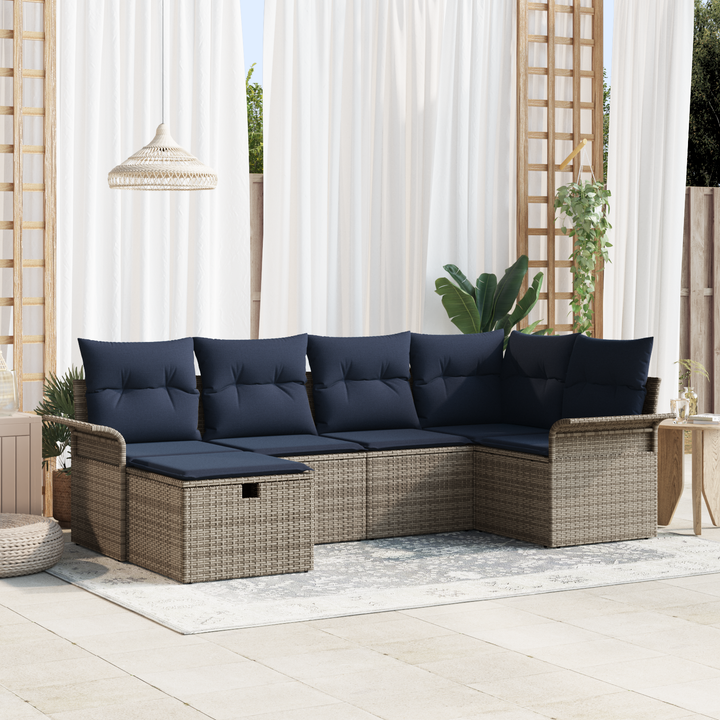 Havesofa Sæt med pude 6 pcs Grå og Marineblå polyrattan