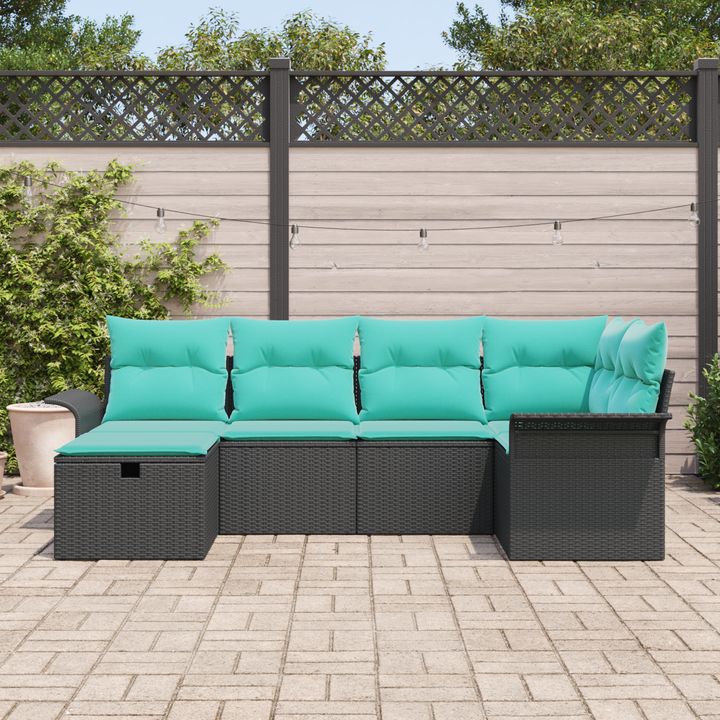 Havesofa Sæt med pude 6 pcs Sort og turkis polyrattan